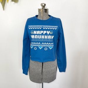 Hanukkah NWT S, M Blue white crop top long sleeve crewneck sweater menorah